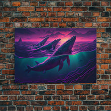 Load image into Gallery viewer, 3 Blue Whales Breaching at Sunset, vaporwave synthwave ocean art, framed canvas print
