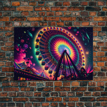 Cargar imagen en el visor de la galería, Colorful boardwalk art, neon lit night time ferris wheel, framed canvas print, framed wall art
