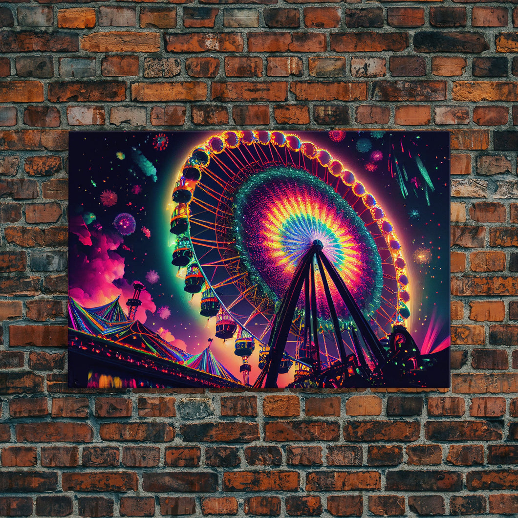 Colorful boardwalk art, neon lit night time ferris wheel, framed canvas print, framed wall art