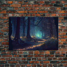 Load image into Gallery viewer, The magical enchanted forest is lit brightly with fireflies at night, framed canvas print, fantasy art
