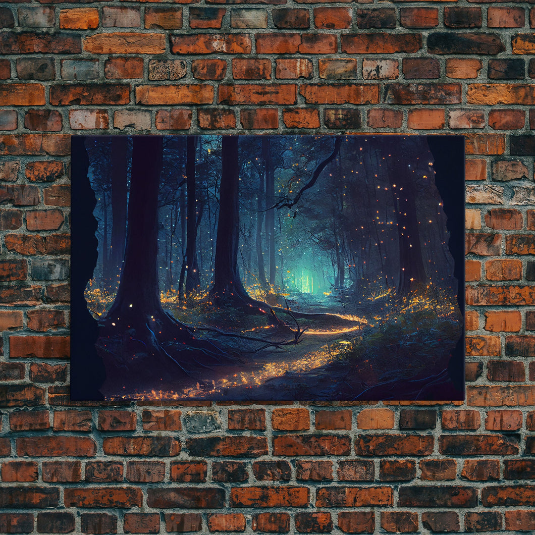 The magical enchanted forest is lit brightly with fireflies at night, framed canvas print, fantasy art