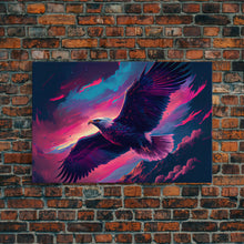 Carregar imagem no visualizador da galeria, Bald eagle in flight, vaporwave aesthetic art, eagle against a pastel sunset sky, framed canvas art, framed print
