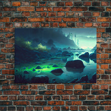 Cargar imagen en el visor de la galería, Bioluminescent glowing river, cool nature watercolor art, framed canvas print
