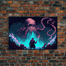 Load image into Gallery viewer, Warrior Vs Cthulhu, RPG concept pixel art, framed canvas print, outrun video game art
