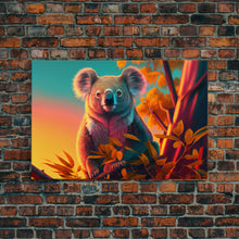 Cargar imagen en el visor de la galería, Cute Koala bear at sunset, vaporwave animal art, framed canvas print, framed wall art, ready to hang
