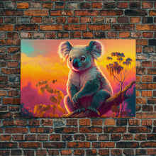 Load image into Gallery viewer, Cute Koala bear at sunset, vaporwave animal art, framed canvas print, framed wall art, ready to hang, synthwave art
