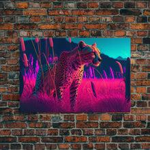 Load image into Gallery viewer, Cheetah on the hunt, vaporwave art, sunset hunter, framed canvas print, framed wall art
