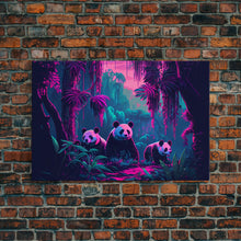 Load image into Gallery viewer, Cute pandas, jungle, framed canvas print, framed wall art, synthwave animal art
