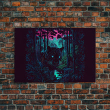 Load image into Gallery viewer, Panther in the jungle, framed canvas print, synthwave / vaporwave art
