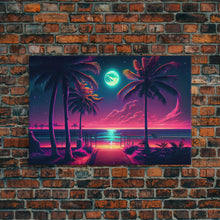 Load image into Gallery viewer, Outrun style full moon lit beach, framed canvas print, synthwave palm tree &amp; beach art
