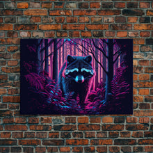 Cargar imagen en el visor de la galería, Cute racoon in the forest, vaporwave aesthetic animal art, framed canvas print, colorful animal art
