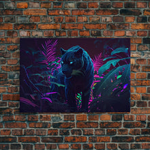 Carregar imagem no visualizador da galeria, Black panther on the hunt in the jungle, glowing blue eyes, synth wave aesthetic art, framed canvas print
