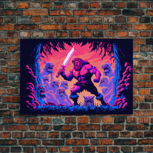Load image into Gallery viewer, Barbarian pixel art, vaporwave RPG concept art, framed canvas print, synthwave tabletop art
