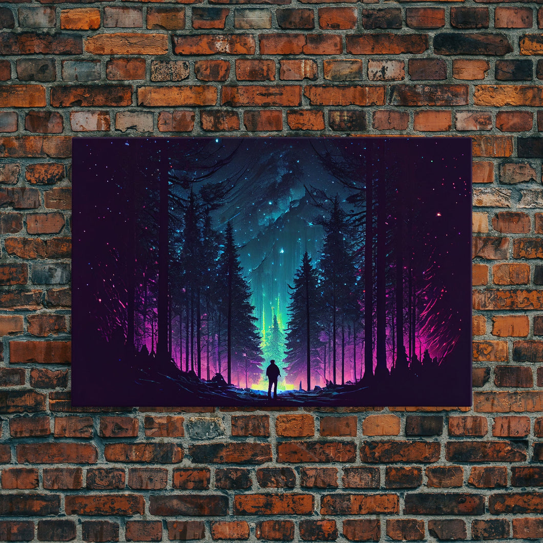 Contemplating the stars, vaporwave aesthetic, forest art, starry night, framed canvas print