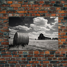 Carregar imagem no visualizador da galeria, Black and White Photo Of a Barn and Hay Bail, Liminal Art, Country Decor, Farmhouse Style Art, Canvas Print
