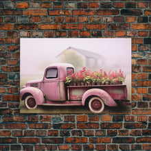Load image into Gallery viewer, Framed Picture of old truck with beautiful flowers in bed of truck, farmhouse living, old barn, farmhouse distressed, framed canvas print
