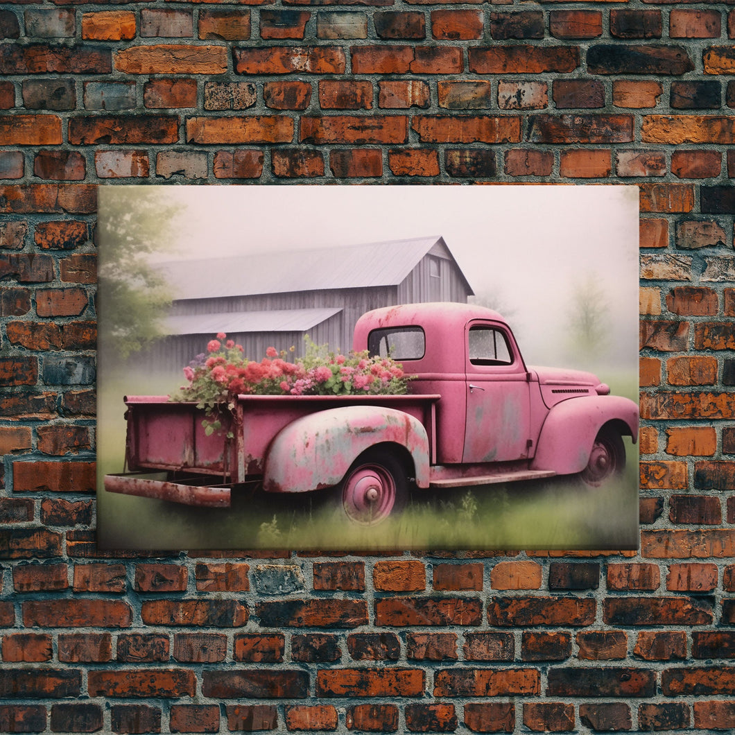 Framed Picture of old truck with beautiful flowers in bed of truck, farmhouse living, old barn, farmhouse distressed, framed canvas print