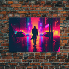 Load image into Gallery viewer, Cyberpunk bounty hunter art, vaporwave synthwave dystopian cityscape, framed canvas print
