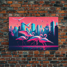 Load image into Gallery viewer, Pink Flamingos, Vaporwave aesthetic style art, framed canvas print, framed wall art
