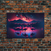 Load image into Gallery viewer, Pink Flamingos against a starry night sky, synthwave vibes, framed canvas print, framed art
