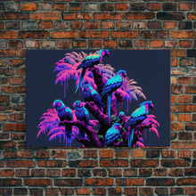 Load image into Gallery viewer, Synthwave Tropical Birds, Parrot Art, Framed canvas print, framed wall decor, vaporwave animal print
