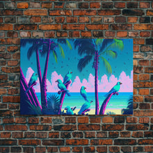 Load image into Gallery viewer, Tropical birds of paradise, synthwave, vaporwave wall art, framed canvas print
