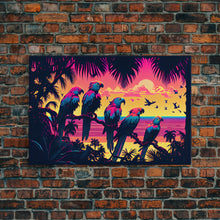 Load image into Gallery viewer, Tropical birds of paradise, synthwave, vaporwave wall art, framed canvas print
