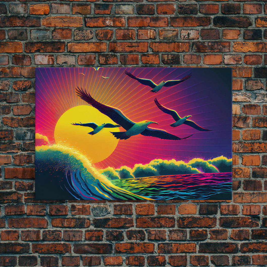 Flock of Seagulls, art deco style sun, framed canvas print, synthwave retrowave animal art