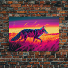 Load image into Gallery viewer, Cute fox in the tall grass, animal print, vaporwave framed canvas print, retrowave animal art
