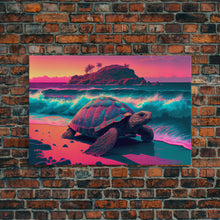 Load image into Gallery viewer, Sea turtle fighting the waves, framed canvas art, synthwave, vaporwave, animal prints
