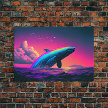 Load image into Gallery viewer, Humpback whale breaching a rainbow, vaporwave art, synthwave animal print, framed canvas print
