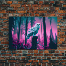 Load image into Gallery viewer, White owl in synthwave forest, vaporwave style animal print art, framed canvas print
