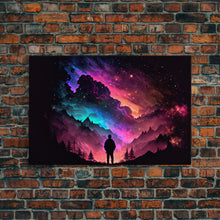 Cargar imagen en el visor de la galería, Contemplating the Universe, retro style space art, framed canvas print, synthwave space decor
