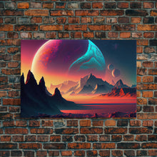 Load image into Gallery viewer, 3 Moon Fantasy World, Retro Style Sci-Fi Art, Framed Canvas Print, Futuristic Art, Fantasy Decor

