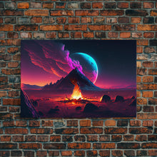 Load image into Gallery viewer, Campfire under a Full Moon, Framed canvas print, retro synthwave / outrun style primitive home decor
