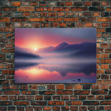 Carregar imagem no visualizador da galeria, Foggy Sunset Over a Pine Forest and Lake, Fall Tones, Wall Decoration, Framed Canvas Print, cool wall art, minimalist boho wall art
