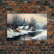 Cargar imagen en el visor de la galería, Snow Covered Landscape Art | Church Art | Framed Canvas Print | Snowy Winter Scene | Boho Minimalist Modern Art
