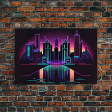 Cargar imagen en el visor de la galería, Retro Style Synthwave Wireframe City, Outrun Style, Framed Canvas Print, 80s Vibes Art
