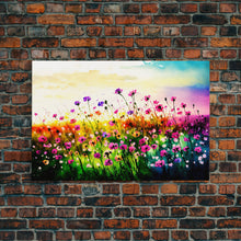 Load image into Gallery viewer, Field Of Rainbow Colored Wild Flowers, Watercolor, Framed Canvas Print, Original Art, Large Format Art, huge living room art

