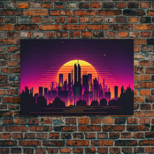 Load image into Gallery viewer, Outrun Style Futuristic Cyberpunk City Skyline at Sunset, Concept art, framed canvas print, dystopian art

