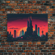 Load image into Gallery viewer, Outrun Style Pixel Art Futuristic Cyberpunk City Skyline at Sunset, Concept art, framed canvas print, dystopian art

