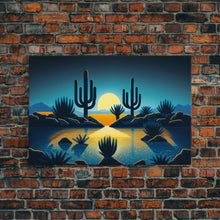 Load image into Gallery viewer, Retro Art Deco Style Pueblo Desert Art, Cactus Desert Landscape under a Full Moon, Framed Canvas Print, Cute Western Decor
