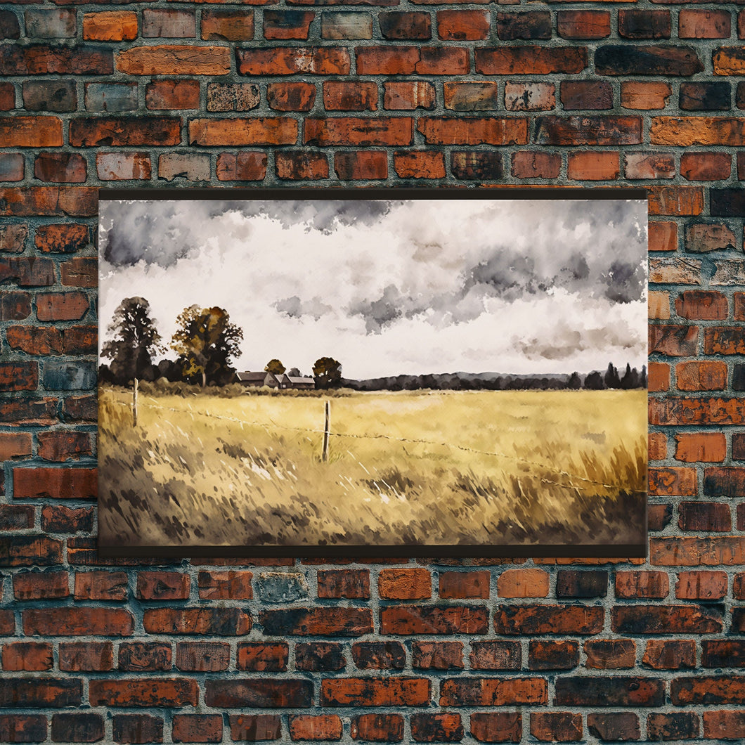 Early American Style Landscape Art | Primitive Farmhouse Decor | Framed Canvas Print | Wall Art | Wall Decor | Office Art | Muted Art