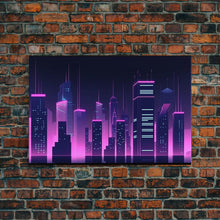 Cargar imagen en el visor de la galería, Big City Wall Art | Framed Canvas Print | Living room art | Office decor | Buildings | Outrun Style | Landscape | Night | Pop Art | City
