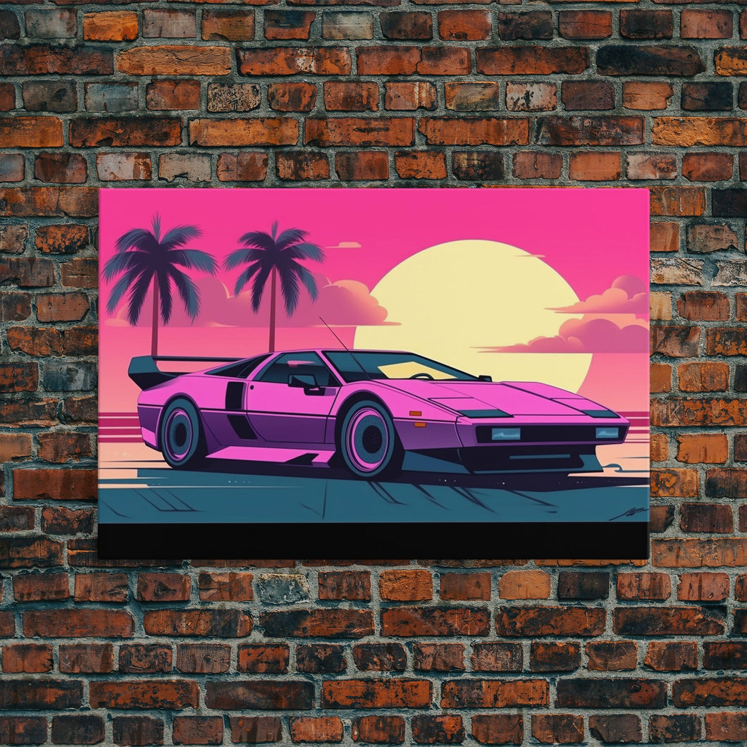 Classic sport car Wall Art, Framed Canvas Print, Guest room art, Beautiful sunset, Synthwave Style, Pink Colors, Pop Art Style, Tropical art