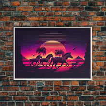 Load image into Gallery viewer, Zebra running through the plains, synthwave art, framed canvas print, framed wall art
