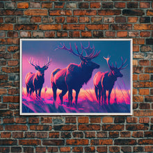 Load image into Gallery viewer, Vaporwave landscape, Elk in the plains at sunset, framed canvas art, canvas print, framed wall art
