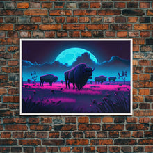 Load image into Gallery viewer, American Buffalo, Retrowave art, herd of Bison and a full moon, framed canvas print
