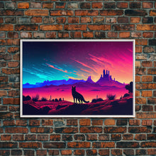 Carregar imagem no visualizador da galeria, Cute fox in an Arizona desert landscape, framed canvas print, framed wall art, synthwave art
