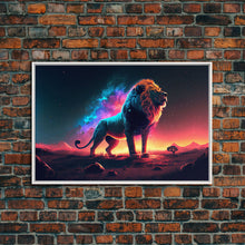 Load image into Gallery viewer, Cosmic roar watercolor, Lion staring at the stars over Africa, framed canvas print, unique vibrant wall art
